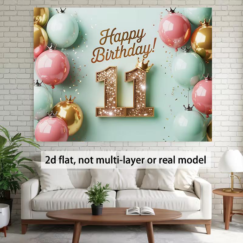 2D 11th Birthday Party Backdrop, Pink Mint Gold Balloon with Crown Background for Photo Booth