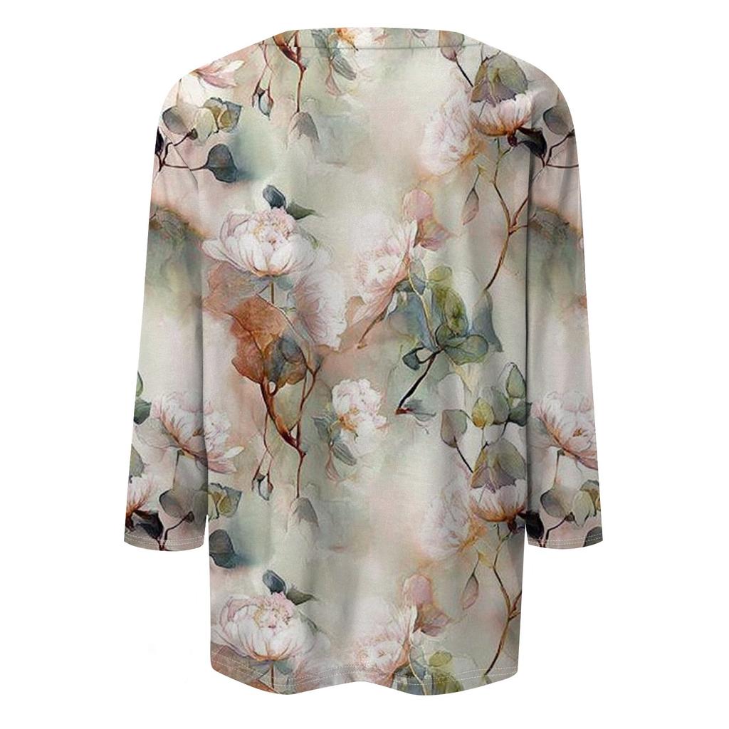 Women's Fashion Casual Round Neck Three Quarter Sleeve Printed T-Shirt Top