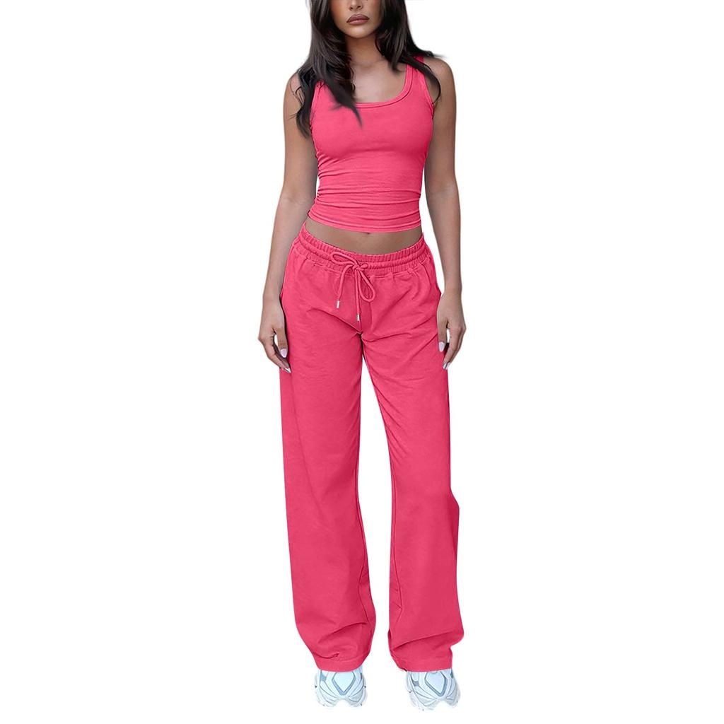 Damen 2-teiliges modisches lässiges High-Stretch formendes ärmelloses Tanktop und weite Hosen Set