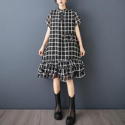 Kurzärmlig Übergröße Vintage Karomuster Neu in Kleider für Frauen Lässig Locker Midi Lang Sommerkleid