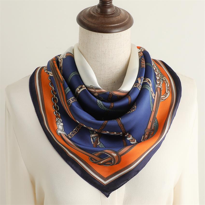 European and American chain color block splicing silk scarf sunscreen shawl versatile women's scarf simulation silk 71cm square scarf professional sca