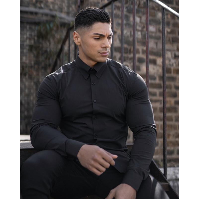 Men Muscle Slim Fit Long Sleeve Turn Down Collar Casual Sports Fitness Shirt