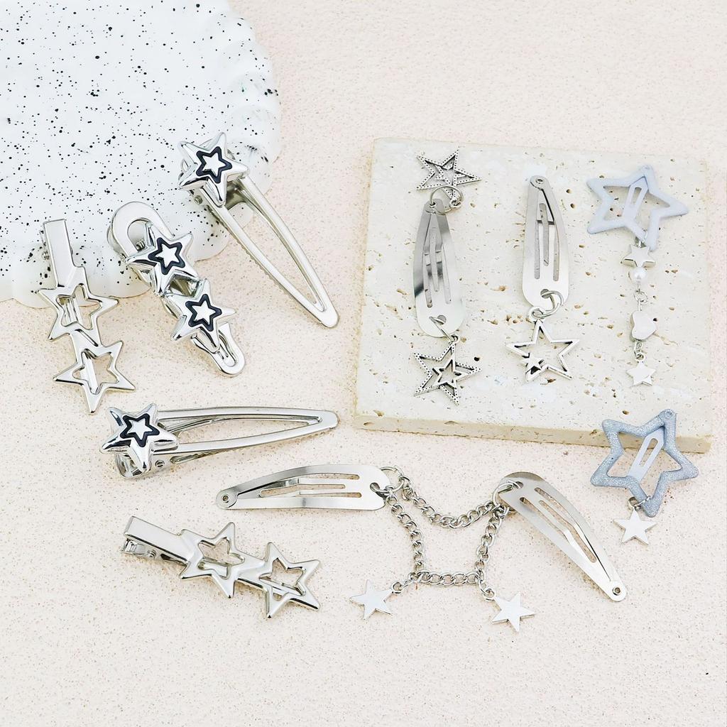 10Pcs/5Pcs Star Pendant Hair Clips Unique Pentagrams Barrettes for Women Hair Accessories Metal Chain Gothic Hair Pins