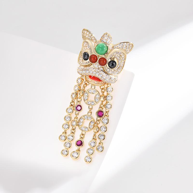 Classic national style lion dance brooch light luxury full of diamonds fringed pin commuting versatile corsage fashion men's and women's accessories
