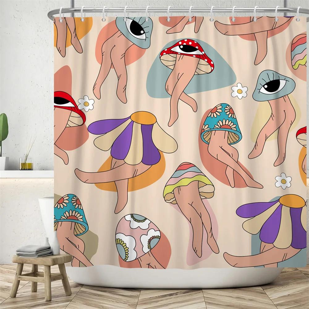 70's Colorful Flowers Shower Curtain Rainbow Mushroom Printing Bathroom Curtains Polyester Waterproof Bathtub Screen with Hooks