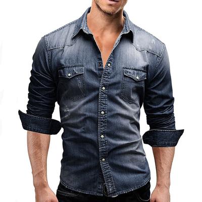 Men's Distressed Denim Shirt Casual Washed Slim Fit Cowboy Shirt Clothes Sale
