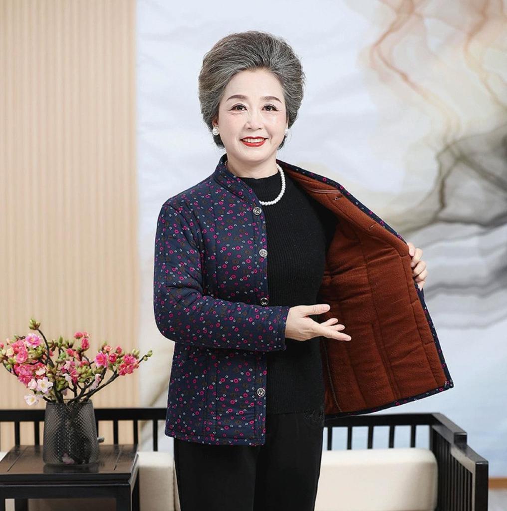 Floral Padded Winter Jacket for Moms - Fleece-Lined Cotton Coat for Middle-Aged and Elderly Women