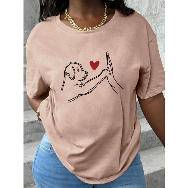 Women's Casual Round Neck Short Sleeve T-Shirt With Dog And Heart Print Pattern