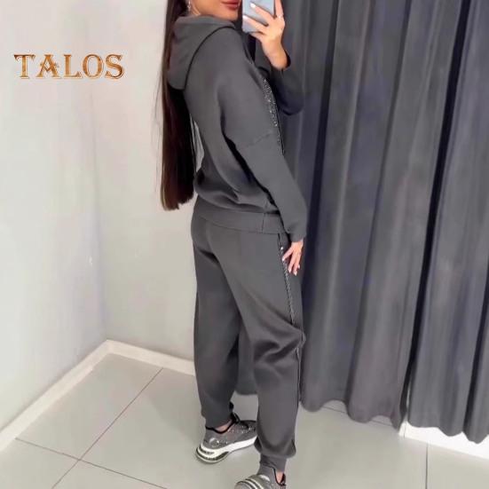 2 szt./zestaw damski bluza z kapturem spodnie garnitur kryształki dekoracyjne długie rękawy patchwork sportowa bluza spodnie z elastycznym pasem fitness strój jesień wiosna dres