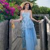 Pure Desire Light Blue Irregular Blue Suspender, Butterfly Gauze Skirt Vacation Skirt