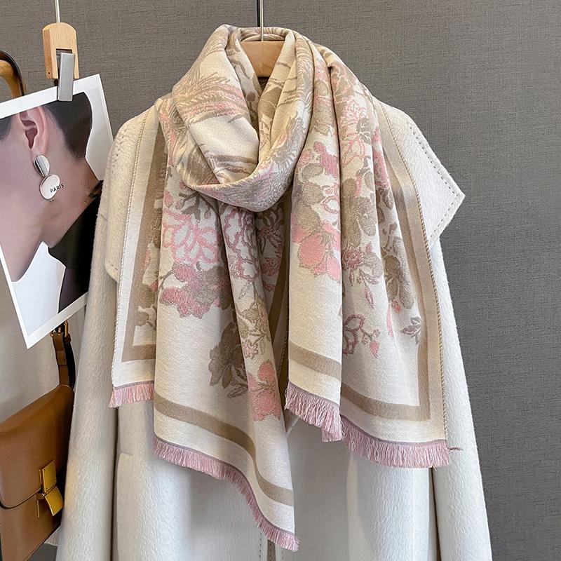 Designer Winter Warm Cashmere Scarves Women Floral Print Thicken Pashmina Shawl Elegant Lady Wool Poncho Windproof Pareo