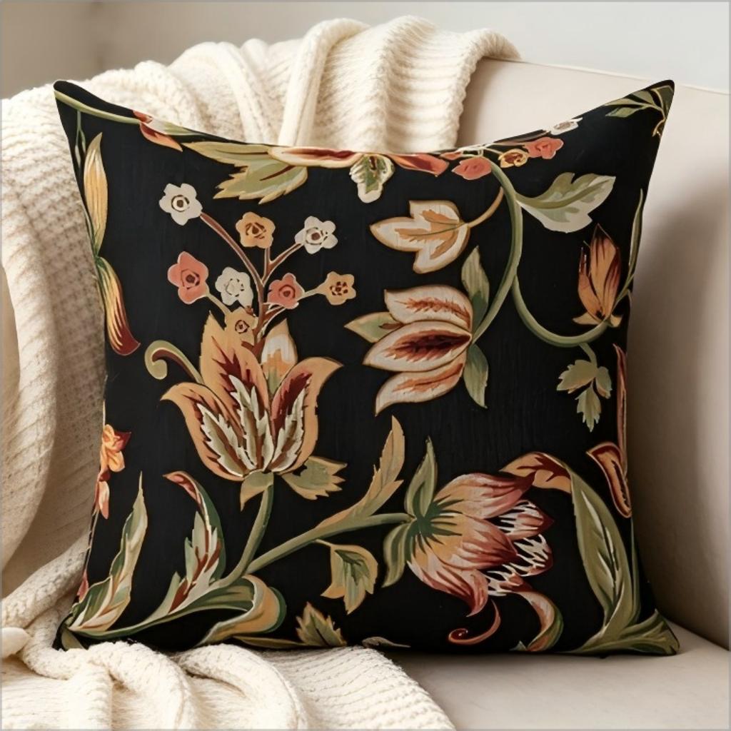 Federa Cuscino Decorativa Vintage con Stampa Floreale Nera, Cuscino Decorativo Botanico Dark Academia