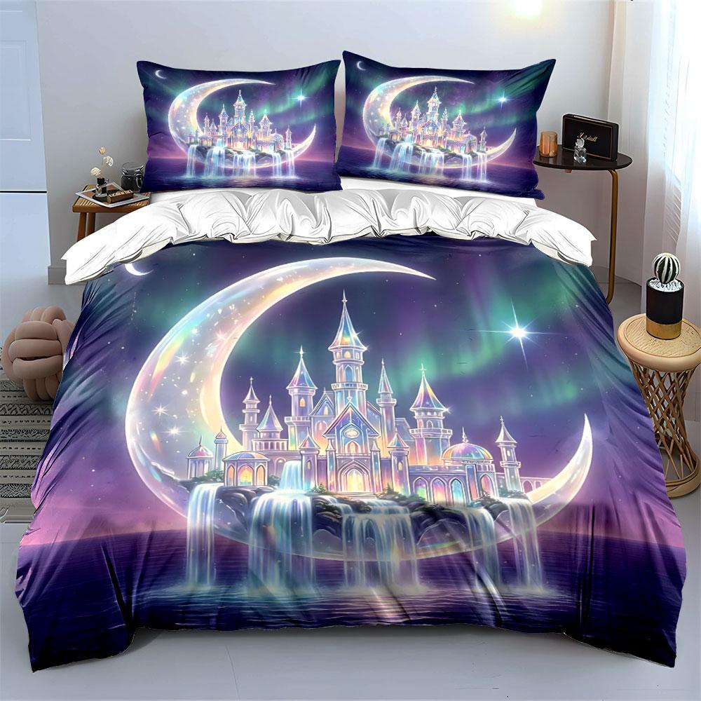 Dreamlike Castle Floating On Crescent Moon Duvet Cover Set With 3D Printing Design Soft Polyester Bedding Set All-Season Comfort