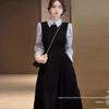 Conjunto de Vestido Camisa Largo de Algodón Azul Marino y Negro para Mujer Estilo Hepburn Francés Otoño