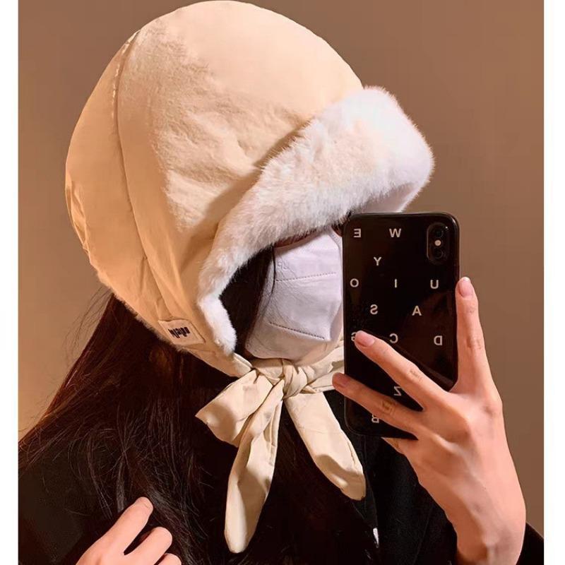New Down Cotton Hat Women's Winter Velvet Ear Protection Hat Straps Cycling Warm and Cold-proof Skiing Leisure