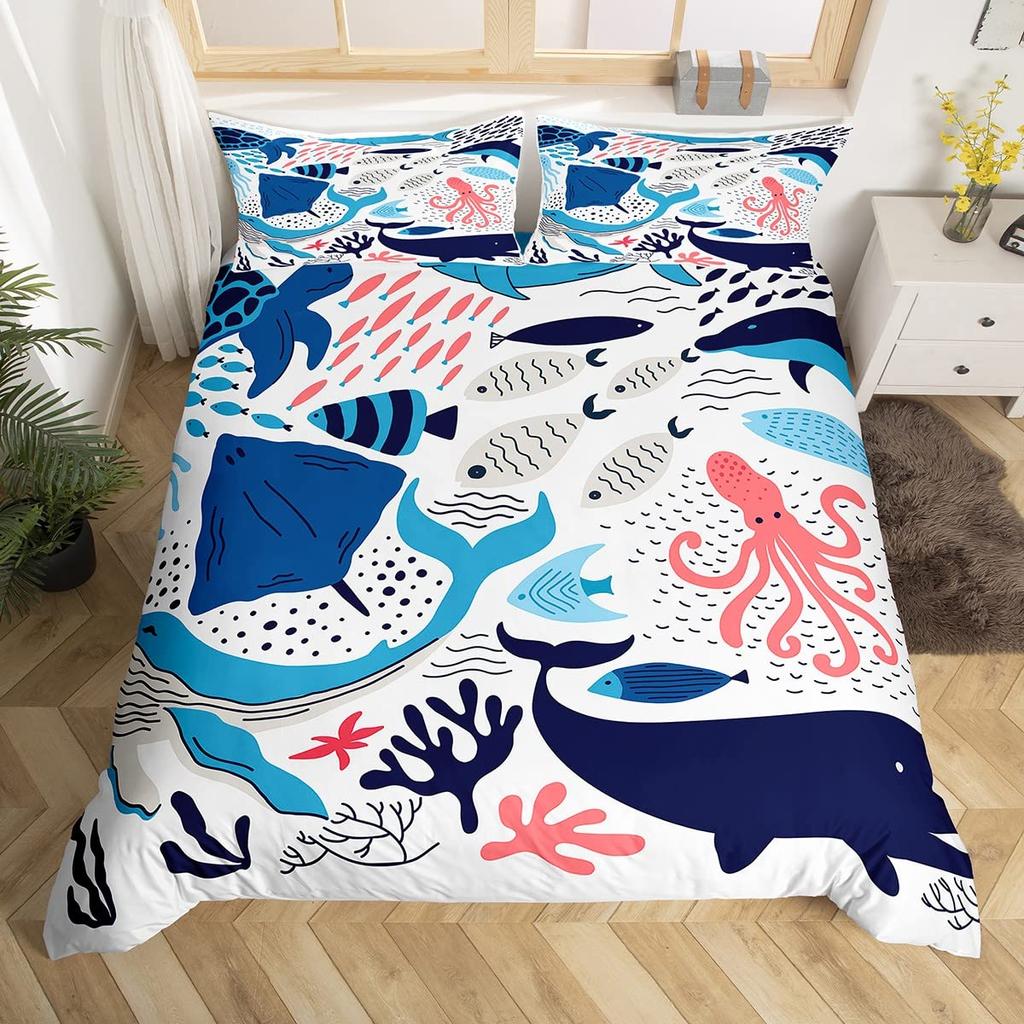 Sea Animals Duvet Cover Set Turtle Print Bedding Sets Queen Size 3D Gorgeous Luxury Comforter Cover Set Marine Life Quilt Cover