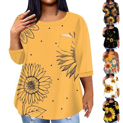Suéter de cuello redondo con estampado de manga tres cuartos informal de moda para mujer, blusa de manga 4/3