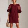 Women's Round Neck Mesh Puff Sleeve Floral Loose Fit Straight Short Dress
