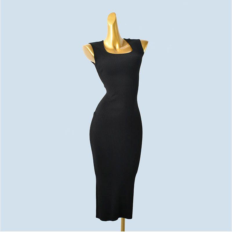 Trade Order U Collar European and American Sleeveless Open Waist Slim fit Split Knitted Sheath Mid-Length Women Slimming Dress Spring and Autumn