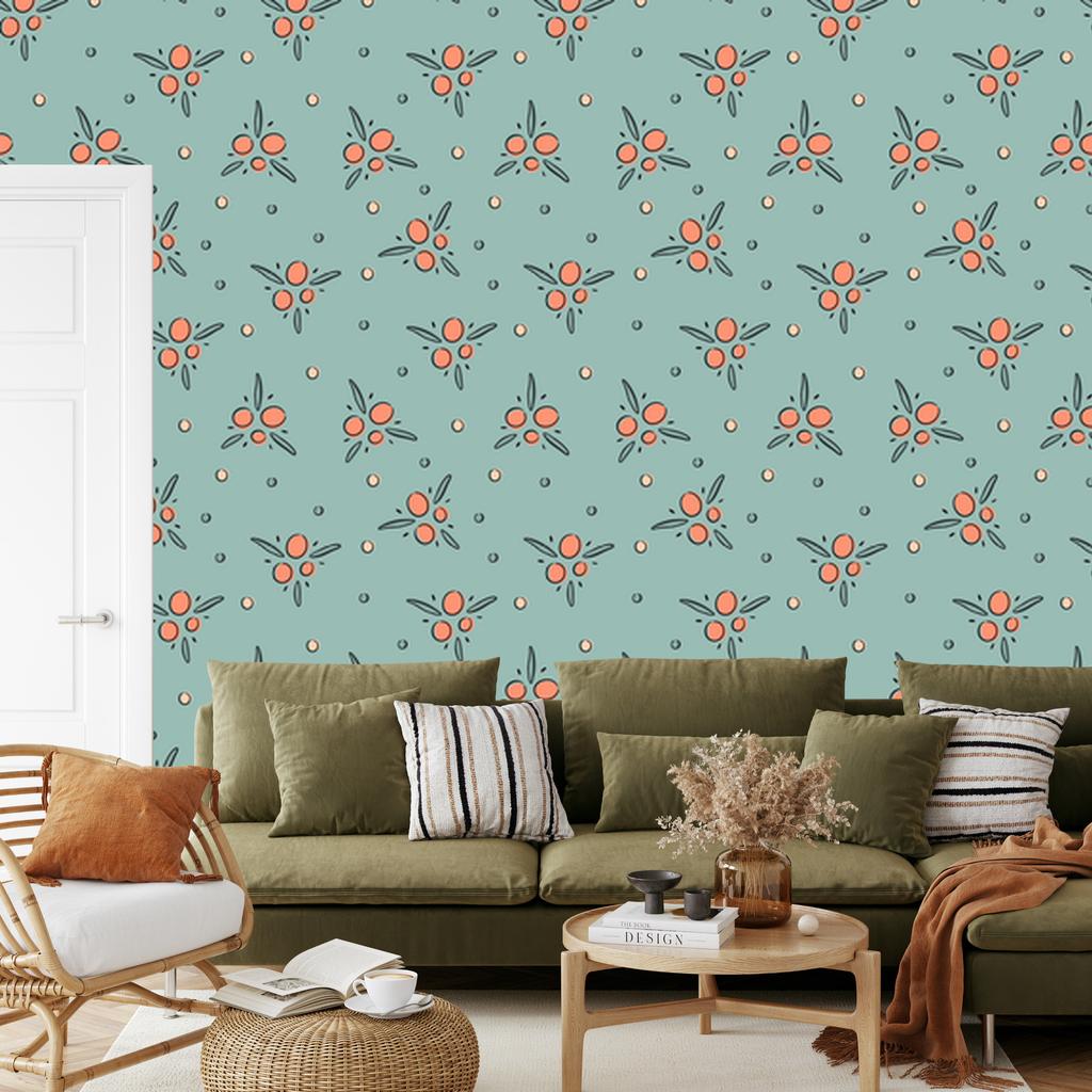 Wallpaper with Small Flowers In Sea and Beige for the Living Room and Bedroom 50x1000