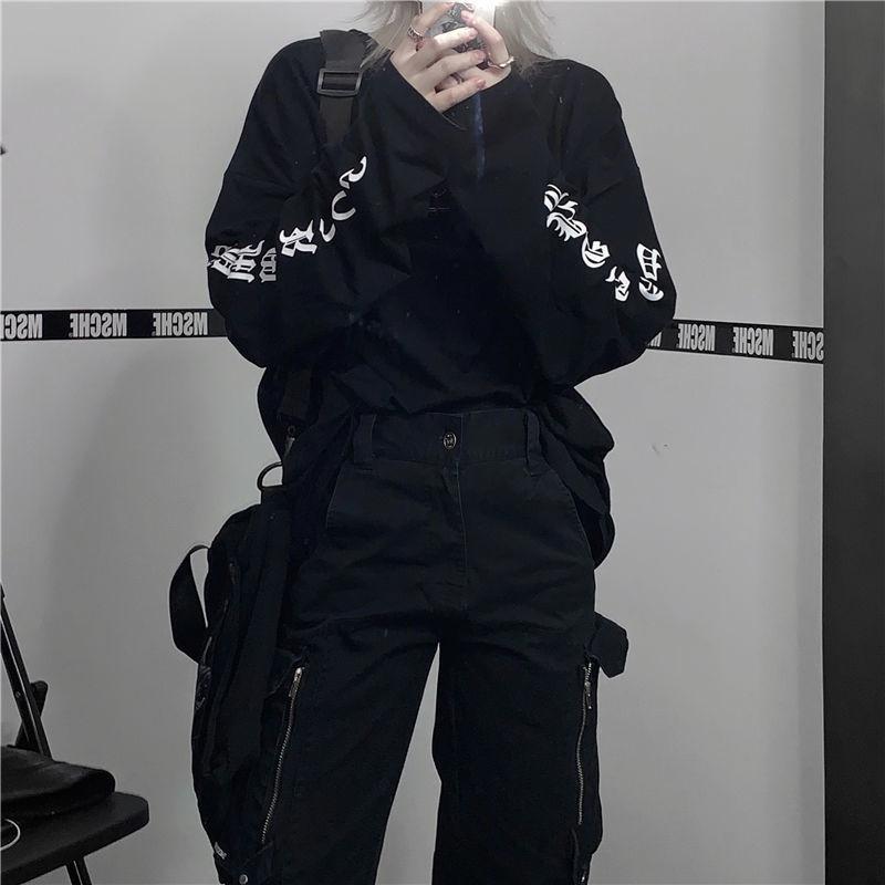 Gotická trička Harajuku Oversized Trička Dámská Korejská Trička s písmenným potiskem Černá Topy s dlouhým rukávem Jarní Kpop Alt Oblečení