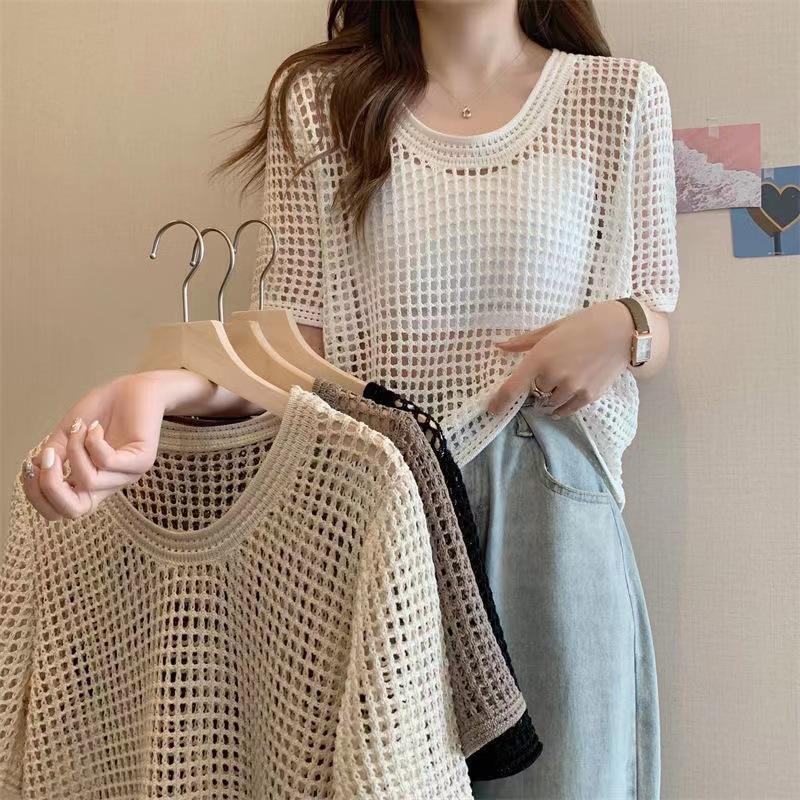 Women Short Sleeved Knit T-shirt Casual Beach Slim Tops O-Neck Hollow Out Knitting Shirt For Women Summer