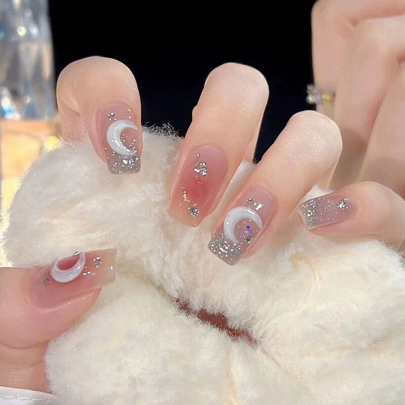 

Wear Nail Bows 2025 New Arrival White Mid-Length Short Fancy Finished Nail Nail Stickers Detachable Dream Star Moon [Mid Length Long Length] Send Kit