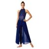 Women Lyrical Dance Unitard Glitter Rhinestone Halter Backless Sheer Waist Tight Pants Mesh Layer Jumpsuit Flowing Dancewear for Stage Performance