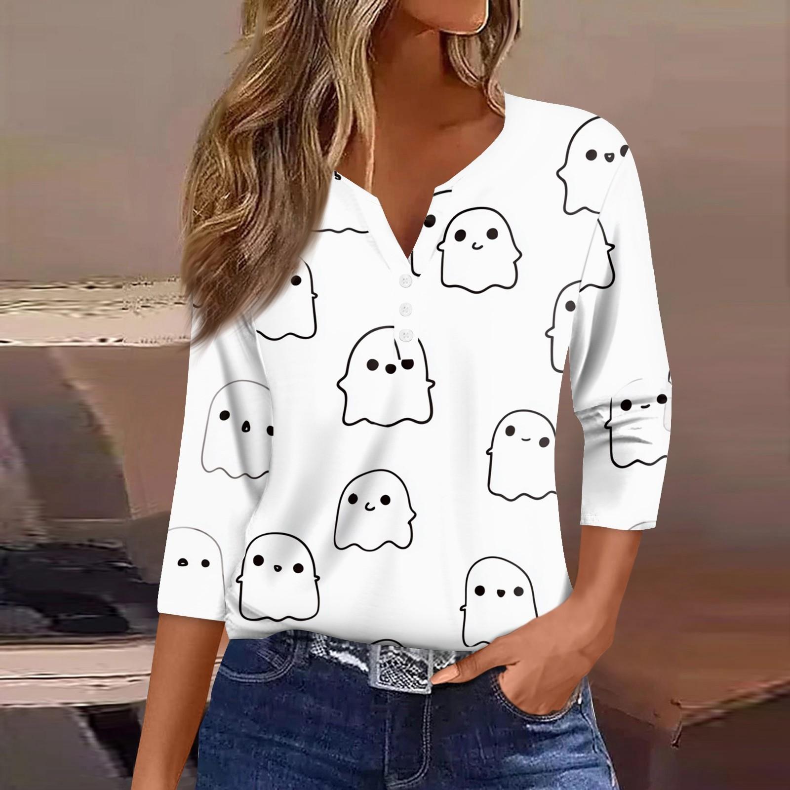 

Жен. Футболка Футболка С принтом Пуговицы Рукав 3/4 Повседневные Выходные Мода Классический Классический V-образный вырез Обычный Верх M белый