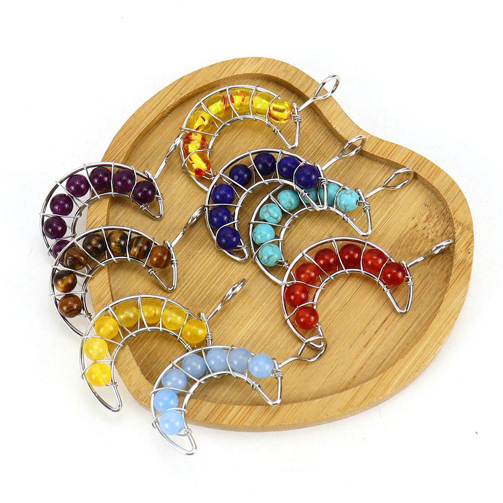 Handcrafted Wire Wrapped Seven-Color Crystal Moon Pendant Necklace