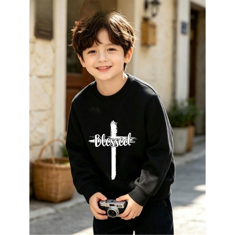 European sizes Spring Autumn Casual Children's Retro Cross Slogan Round Neck Sweatshirt, Distressed Brushstroke Cross Print Boy's Long Sleeve Top.