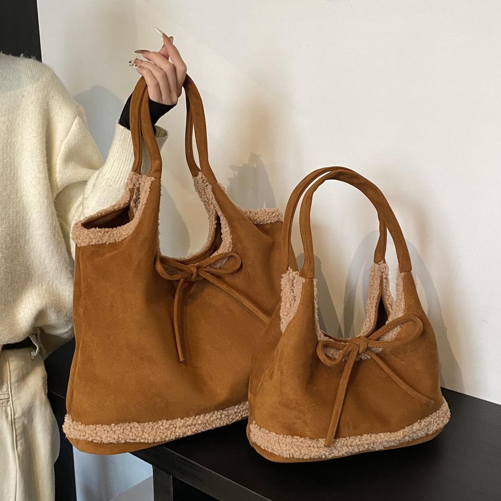 Lamb Wool Splicing Armpit Bag Bow Retro Lazy Large Capacity Shoulder Commuter Tote Bag