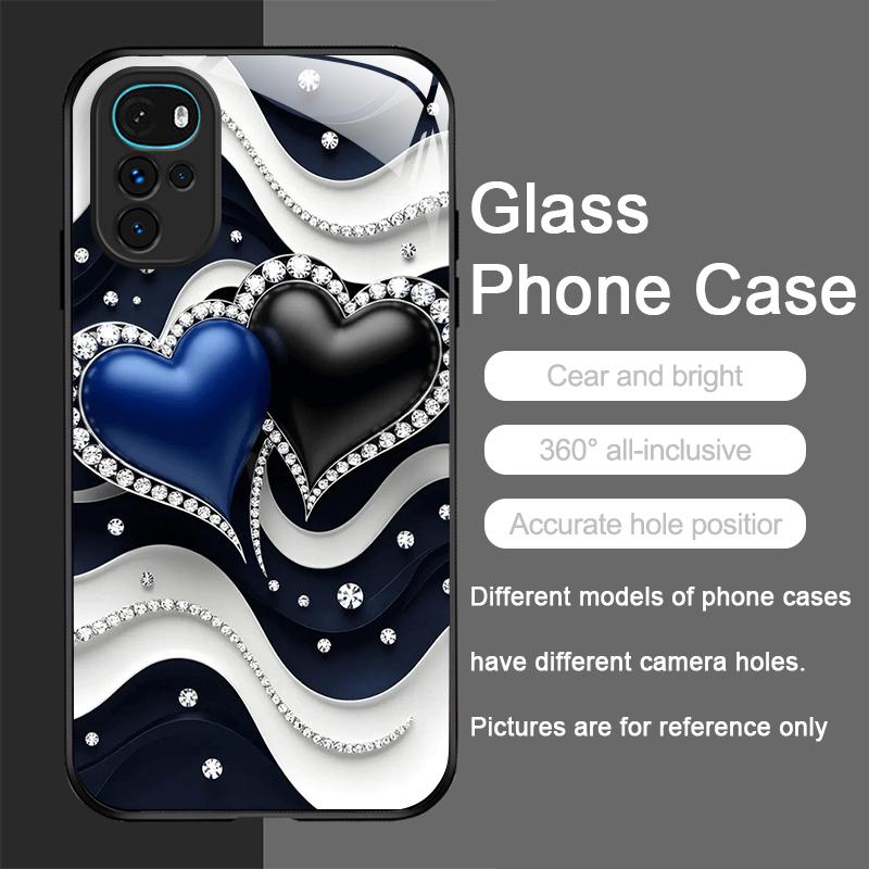 

Stylish Black White Heart with Pearls Tempered Glass Phone Case for Motorola Moto G85 G84 G75 Edge 50 Fusion 40 Neo 30 Pro Cover Motorola Edge 30 Pro