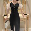 Summer white high-end off-the-shoulder dress femininity gentle wind light ripe V-neck suspender split skirt ins