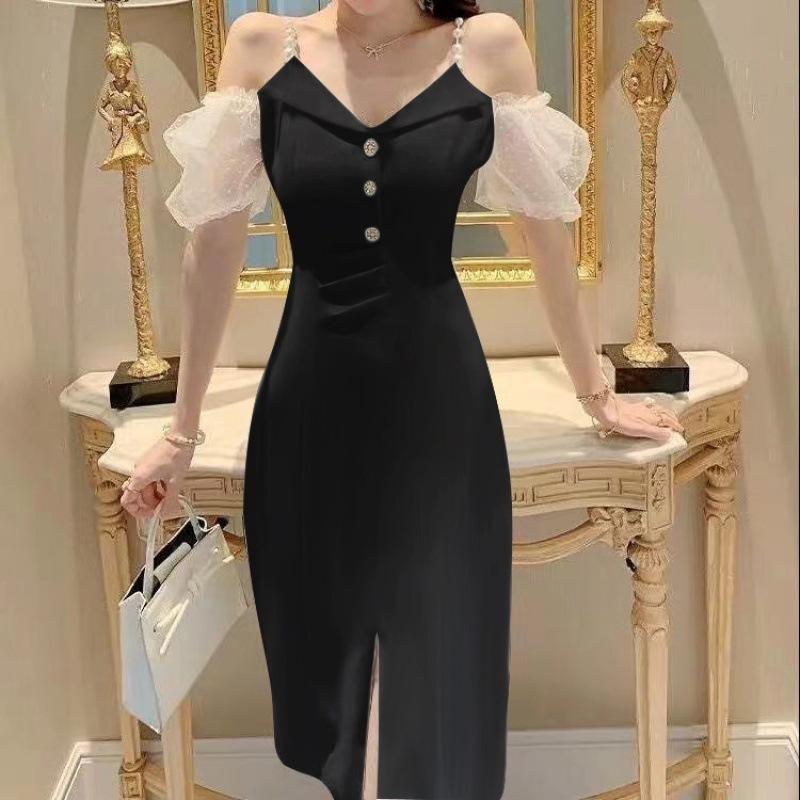 Summer white high-end off-the-shoulder dress femininity gentle wind light ripe V-neck suspender split skirt ins