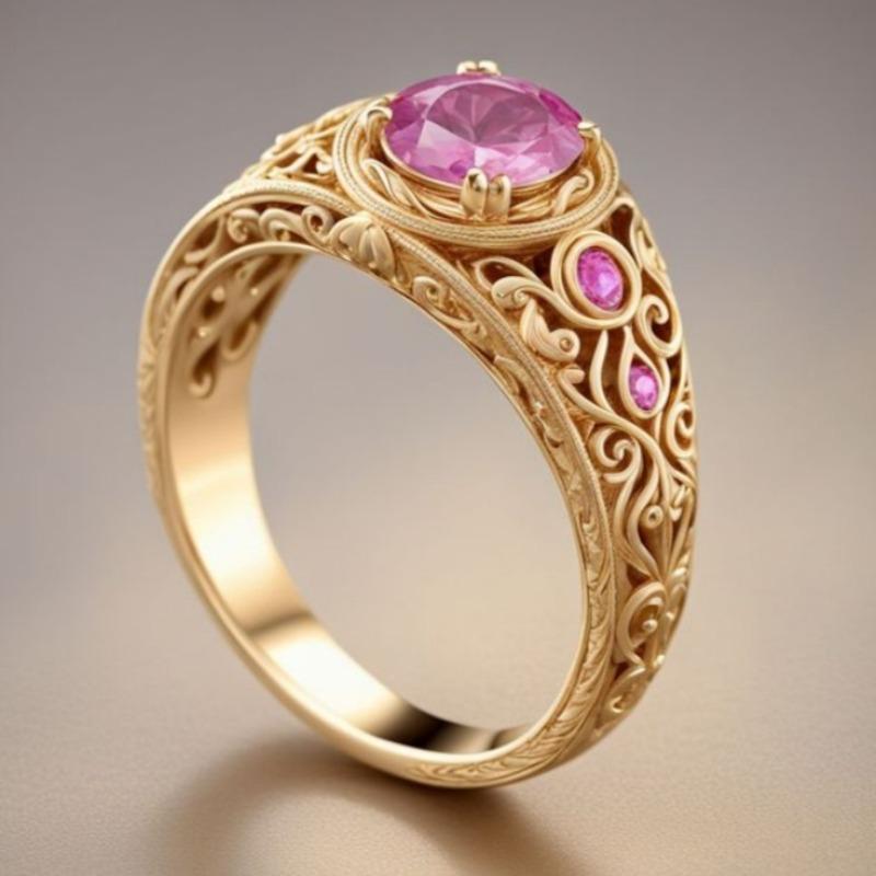 Vintage Inlaid Pink CZ Women's Ring Ethnic Gold Color Hand Carving Daily Wear Party Jewelry Anniversary Gift