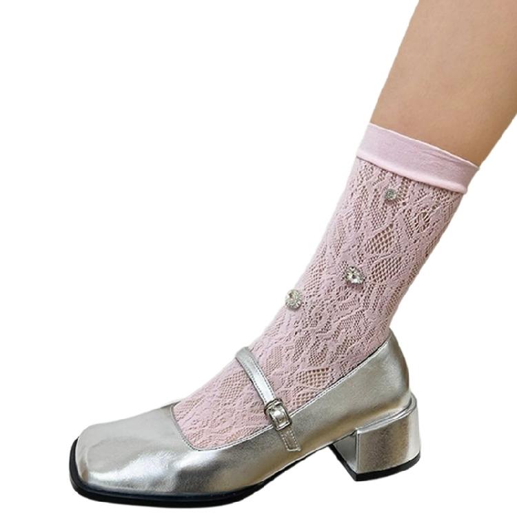 Women Crew Socks Crystal Calf Socks Lace Socks Transparents Meshes Ankle Socks