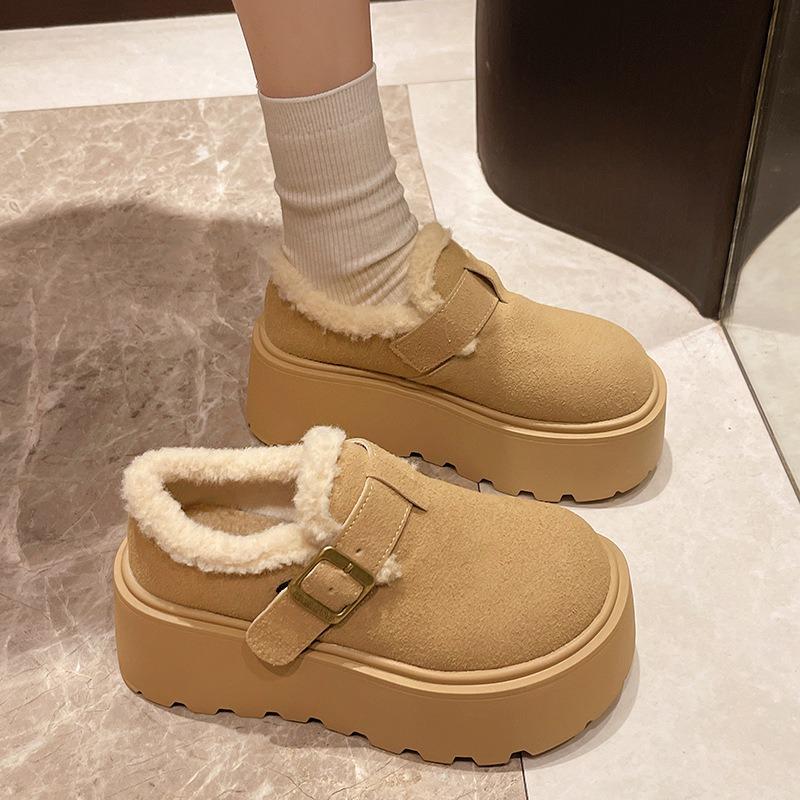 Retro Lazy One-pedal Women's Winter New Hair Bean Shoes Keep Warm, Thick Soles Increase Height and Velvet Cotton