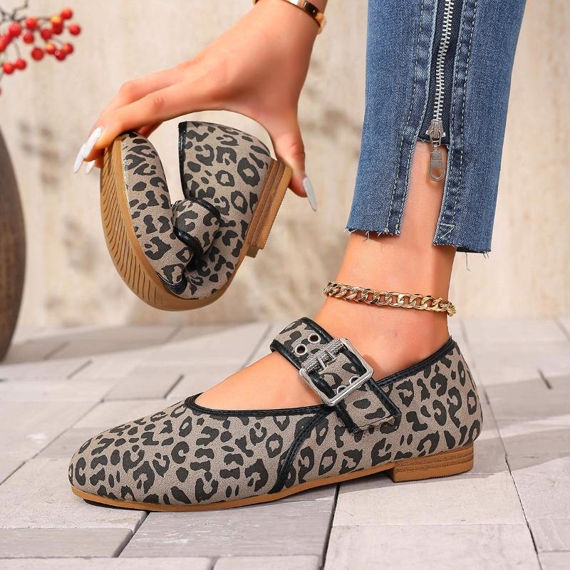 Fashion Leopard Print Soft Sole Single Shoes Autumn New Round Toe Light Mouth Color Block Non-slip Block Heel Low Top Shoes