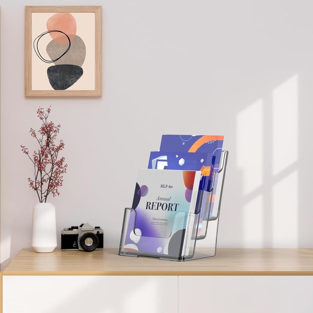 Brochure Holder 6x9 Inch 3 Tier Acrylic Literature Holders Clear Plastic Flyer Display Stand for Pamphlets, Booklets, Menus, Multi Purpose Organizer