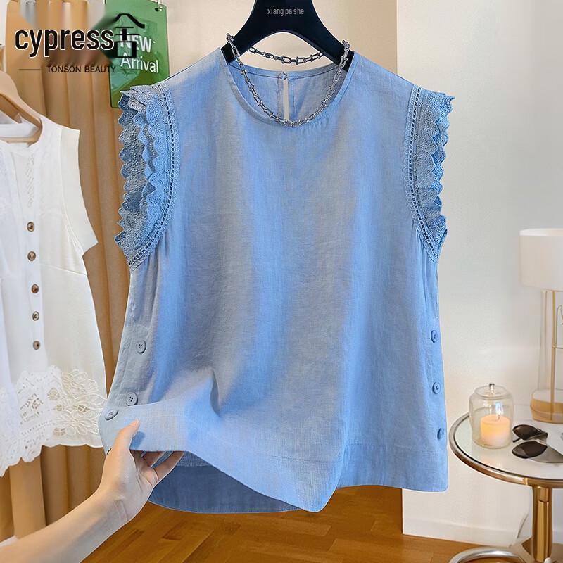 Women s Sleeveless Lace Patchwork Linen Blend Blouse L