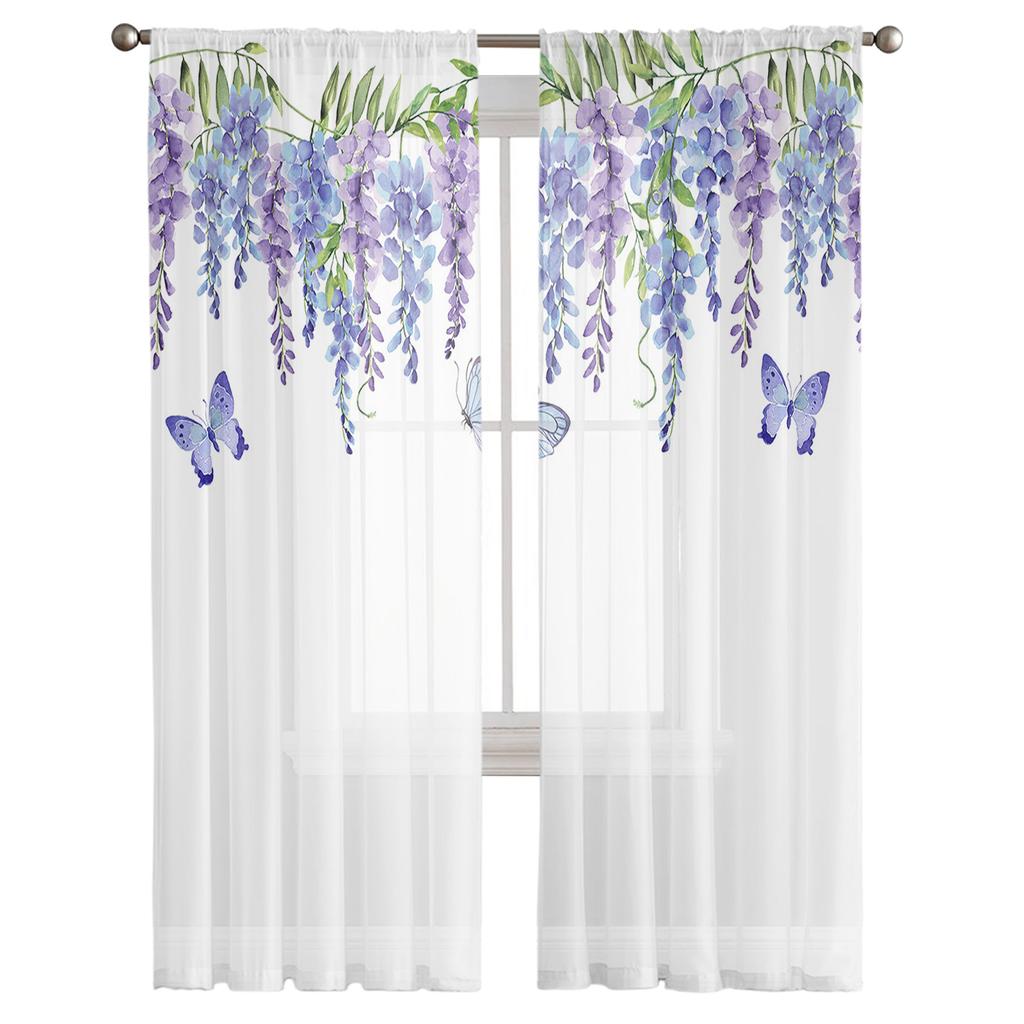 Frühlingsblumen Aquarell Glyzinien Sheer Fenster Vorhang Tüll Vorhänge für Wohnzimmer Schlafzimmer Hotel Home Decor Voile Vorhänge