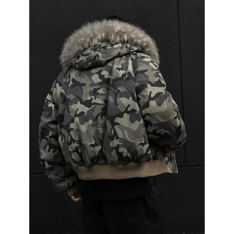 Męska Zimowa Krótka Parka Kurtka z Kapturem ze Sztucznego Futra Grubo Pikowana Jednolita Retro Estetyka Codzienna Uliczna Zimowa Kurtka