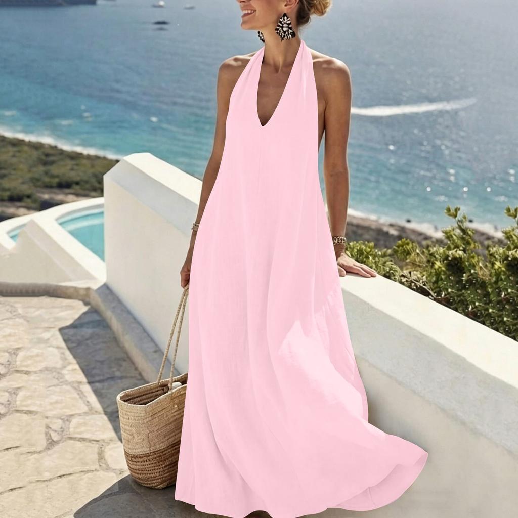 Women's Casual Sleeveless Loose Fit V Neck Maxi Dress with Pockets Lightweight Summer Long Dress for Daily Wear