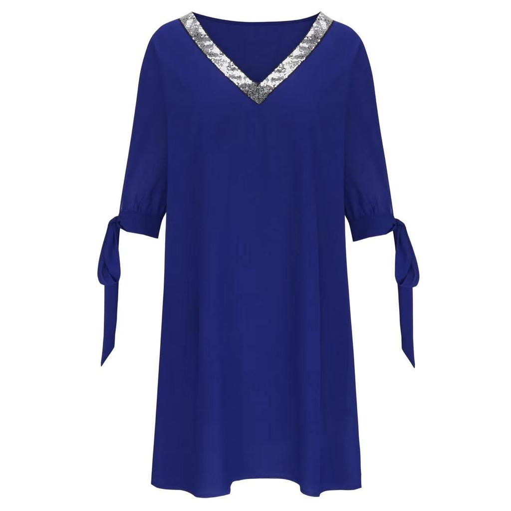 Women Summer Sexy  Sequin V-Neck Hollow Out   Dress Casual Solid Loose Off Shoulder Party Dress