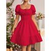 Europe, America 2026 Summer New Temperament Ruffle Edge Solid Color Bubble Sleeves Square Neck Short Dress