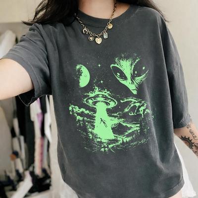 Maglietta Abduzione UFO Alieno e maglietta per bambini, T-shirt Grafica Sci-Fi Verde Neon, Maglietta Spazio Luna Retrò e maglietta per bambini