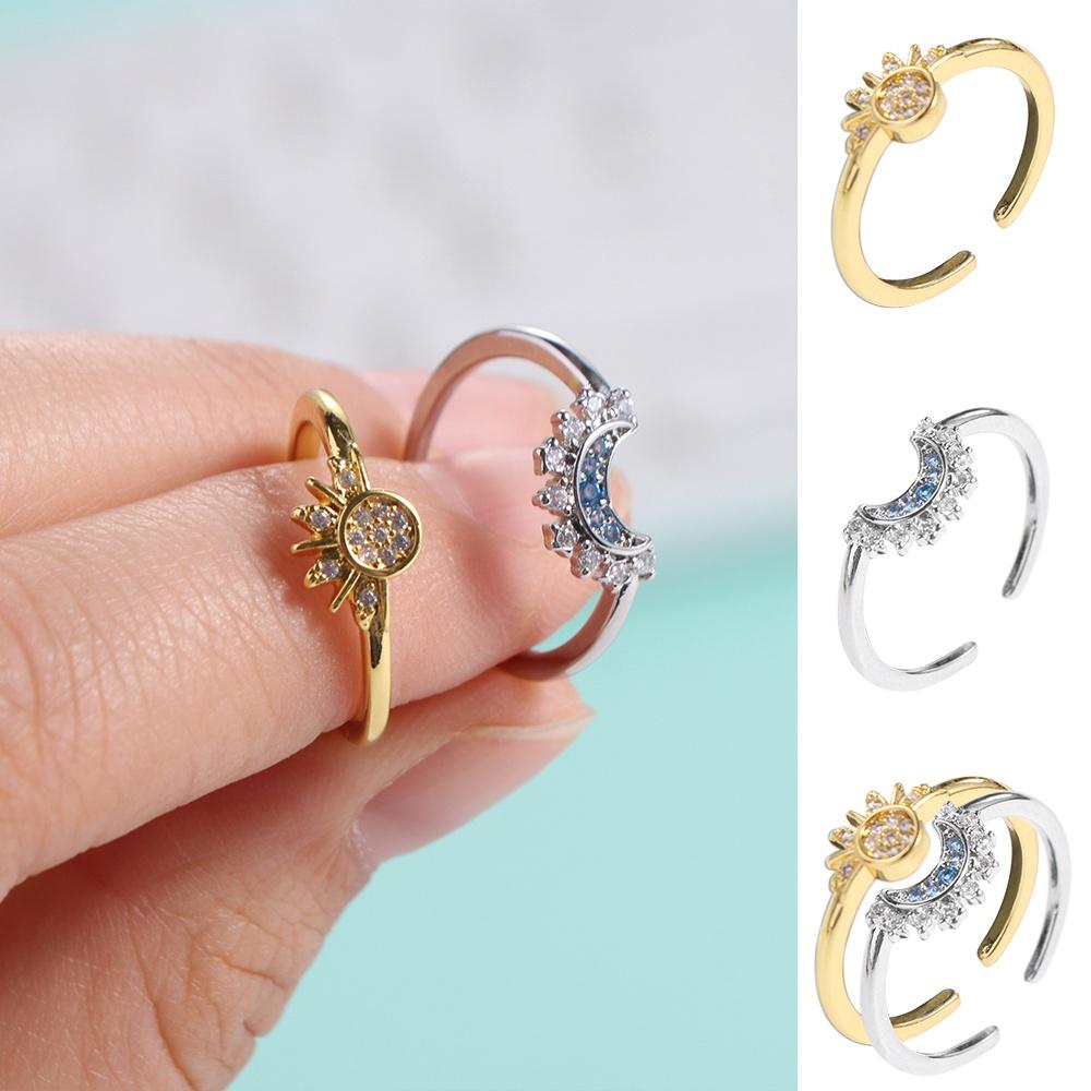 Silver Moon Finger Ring Open Crystal Star Ring Trendy Celestial Ring Set Overlay