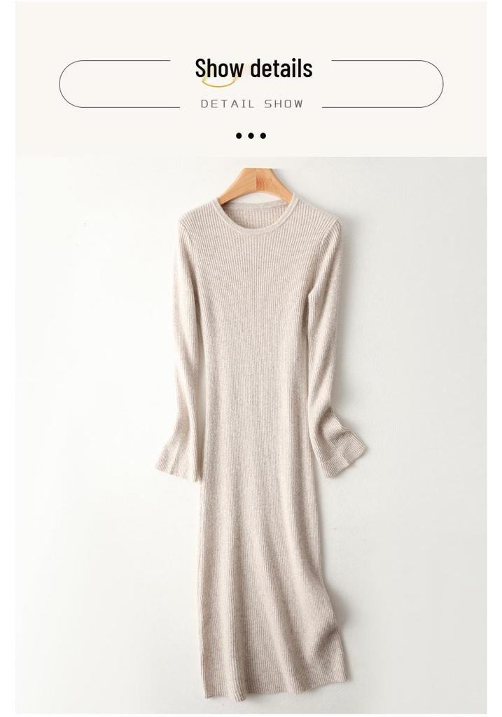 100% Pure Wool Women's Round Neck Slimming Knee-Length Dress for Autumn/Winter.