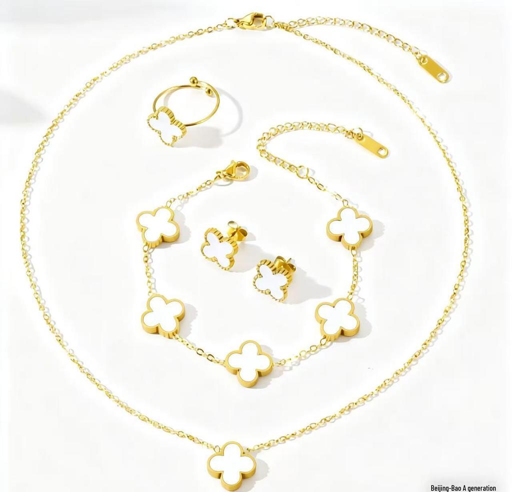 13mm Vierblättriges Kleeblatt Titanstahl Schmuckset: 18K Armband, Halskette, Ohrringe